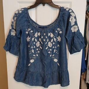 Blue Rain Denim White Floral Embroidered Blouse Women's Small